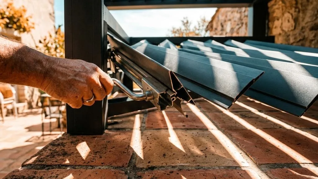 Sunlight through aluminium pergola louvres onto terracotta