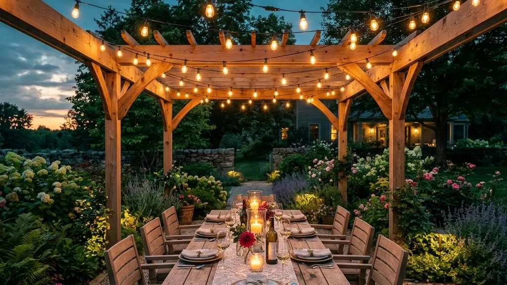 A cedar pergola with warm string lights over a dining table at dusk
