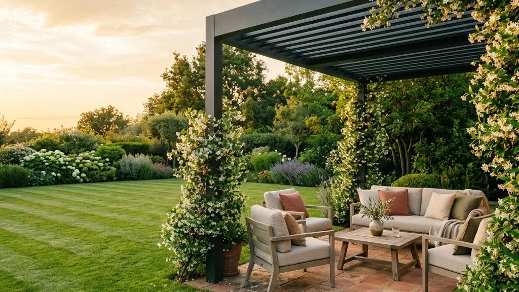A slim charcoal pergola over a terracotta patio beside a striped lawn at golden hour