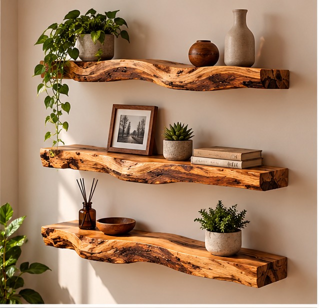 Natural Live Edge Floating Wall Shelves – Set of 3